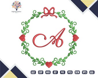 Hearts Wreath Machine Embroidery Design, Bow Heart Applique Frame Embroidery, Valentine Monogram Embroidery File, Digital Sewing Pattern