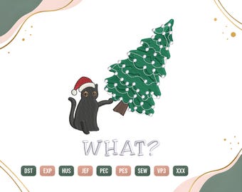 Kerstkat met kerstmuts borduurpatroon, kerstboom borduurpatroon voor de borduurmachine, grappige zwarte kat met kerstmuts, digitale download