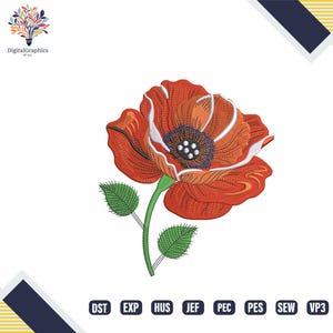 Könnte beinhalten: Gestickte rote Mohnblume mit weißen Akzenten, grünem Stiel und Blättern. Die Blume hat ein detailliertes Design mit einem dunklen Zentrum. Das Bild enthält den Text "DigitalGraphics by SLJ" und Dateityp-Abkürzungen.