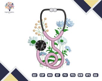Puede incluir: Estetoscopio rosa y negro con un diseño floral. El estetoscopio está rodeado de flores rosas, blancas y azules. Las flores están bordadas con hojas verdes.