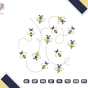 Puede incluir: Un fondo blanco con un contorno negro de una colmena con 12 abejas amarillas y negras volando alrededor. Las abejas están todas orientadas en diferentes direcciones. Las palabras "DST", "EXP", "HUS", "JEF", "PEC", "PES", "SEW", "VP3" y "XXX" están escritas en negro en la parte inferior de la imagen.