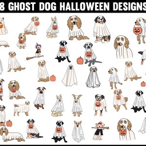 May include: A collection of 38 Halloween-themed dog designs. The dogs are depicted in various poses, dressed as ghosts, holding jack-o'-lanterns, or wearing witch costumes. The text "38 GHOST DOG HALLOWEEN DESIGNS" is at the top.
