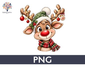 Schattige Rudolph-rendier PNG, rendier clipart met rode neus, rendiergezicht met kerstmuts, ontwerp voor kerstshirt met sublimatie, digitale download voor de feestdagen