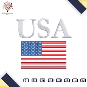 Peut inclure: Texte brodé blanc "USA" au-dessus d'un drapeau américain détaillé. Le drapeau présente un champ bleu avec des étoiles blanches et des rayures rouges et blanches. L'image comprend un logo avec un design d'ampoule colorée.