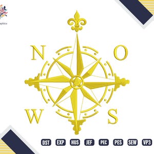 Pode incluir: Bússola dourada com um design de flor-de-lis e as letras N, S, E e W. A bússola é um arquivo de bordado digital disponível nos formatos DST, EXP, HUS, JEF, PEC, PES, SEW, VP3 e XXX.