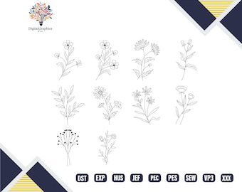 Bundel wilde bloemen borduren, 10 botanische lijntekeningen borduurontwerp, bloemen machineborduurpatronen, bladeren doodles, direct downloaden