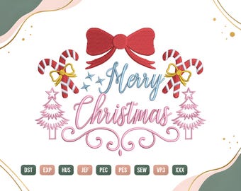 Borduurpatroon voor een vrolijke kerstboom, borduurpatroon met een strik van zuurstokken voor de borduurmachine, kerstmotief, digitale download