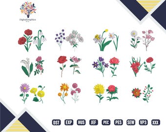 Birth Month Botanical Embroidery Bundle, Floral Meadow Embroidery Patterns, Cute Flower Machine Embroidery Designs, Quick Digital Download