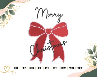 Borduurpatroon voor een kerststrik, speels lintborduurbestand voor de borduurmachine, feestelijke letters voor de feestdagen, digitale download