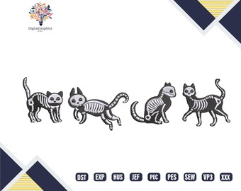 Skeleton Cats Embroidery Design, Halloween Black Cat Machine Embroidery, Spooky Cat Lover Pattern, Digital Stitch Design, Shop Now 70% Off