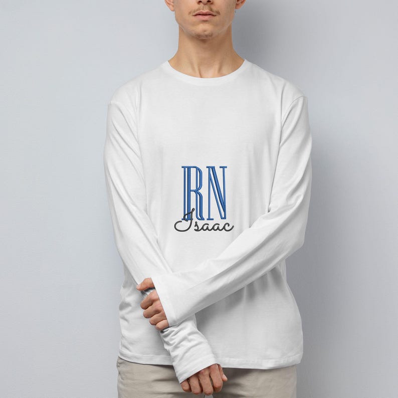 May include: White long-sleeve t-shirt with blue "RN" lettering and the name "Isaac" written in black cursive.