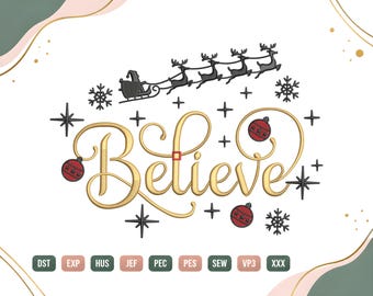 Borduurpatroon van de kerstslee met de tekst "Believe", kerstlettertype, borduurpatroon voor de borduurmachine, rendier, digitale download.