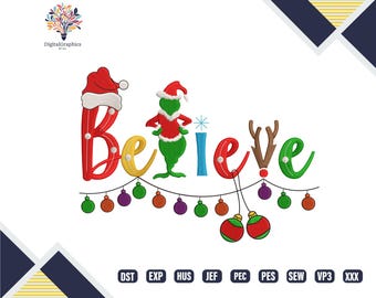 Believe Embroidery Design, Christmas Saying Embroidery File, Holiday Machine Stitch Design, Festive Digital Download Embroidery Pattern