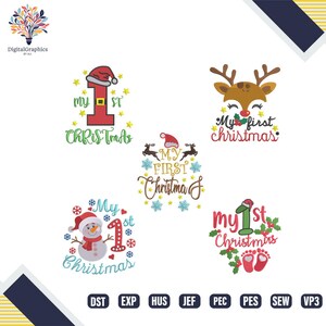 May include: A selection of Christmas designs featuring the text "My 1st Christmas". The designs include a Santa hat, a reindeer, a snowman, and baby footprints. The designs are in red, green, and white.
