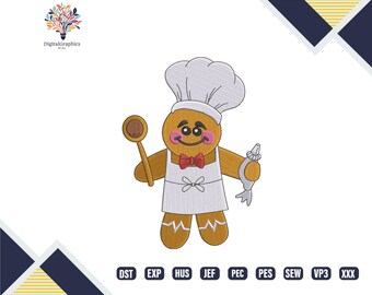 Christmas Gingerbread Man Embroidery Design, Cookie Chef Embroidery File, Holiday Kitchen Embroidery Pattern, Festive Stitch Download
