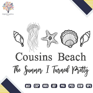 Puede incluir: Fondo blanco con dibujos lineales negros de conchas marinas, una medusa y una estrella de mar. El texto "Cousins Beach" y "The Summer I Turned Pretty" se muestra. La imagen también incluye "DigitalGraphics" y abreviaturas de tipo de archivo.