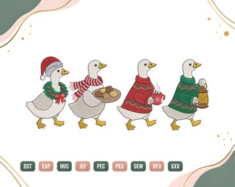 Christmas Goose Embroidery Design, Festive Geese with Santa Hat Machine Embroidery, Funny Xmas Goose in Winter Sweaters,  Digital Download