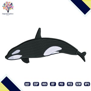 May include: An orca whale embroidery design featuring a black body with white patches near the eye and on the side. The design includes a logo in the top left corner with the text DigitalGraphics by ALI and file formats listed at the bottom.
