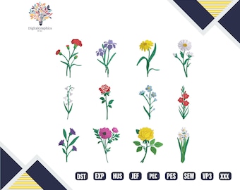 May include: A collection of colorful floral embroidery designs. The image features various flowers, including roses, daisies, and irises, in a variety of colors. The designs are set against a white background. The image also includes the text "Digitalgraphics by X Y" and file type abbreviations.