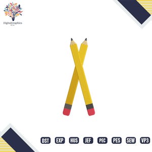 May include: Two yellow pencils with black tips and red erasers are crossed against a white background. The pencils are positioned diagonally, creating an X shape. The image includes a logo in the upper left corner and various file type abbreviations at the bottom.