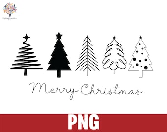 Könnte beinhalten: Eine schwarz-weiße Grafik mit fünf stilisierten Weihnachtsbäumen mit Sternen auf der Spitze. Unter den Bäumen steht in Schreibschrift der Satz „Merry Christmas“. Der untere Teil des Bildes zeigt das Wort „PNG“ in Weiß auf rotem Hintergrund.