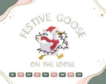 Feestelijke gans op de losse band borduurpatroon, kerstgans machineborduurbestand, grappige kerstgans met lichtjes, digitale download