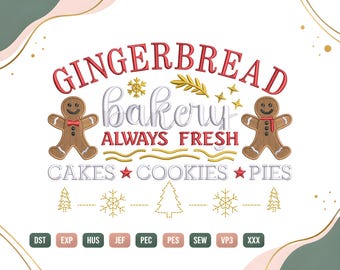 Kerstborduurwerk van een peperkoekbakkerij, borduurpatroon voor een peperkoekmannetje, borduurontwerp voor een bakkerijbord, digitale download voor de feestdagen