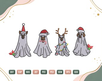 Set van 4 borduurpatronen met spookhondjes, kerstmanhondje voor de borduurmachine, grappig borduurpatroon voor een huisdier tijdens de feestdagen, digitale download