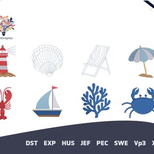 Puede incluir: Una colección de gráficos digitales con temática náutica. Los diseños incluyen un faro a rayas rojas y blancas, una concha, una silla de playa, una sombrilla azul y blanca, una langosta, un velero, coral y un cangrejo.
