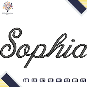 Peut inclure: Écriture brodée noire du nom "Sophia" sur fond blanc. La conception comprend un logo dans le coin supérieur gauche et des abréviations de type de fichier en bas. Le nom est en cursive.