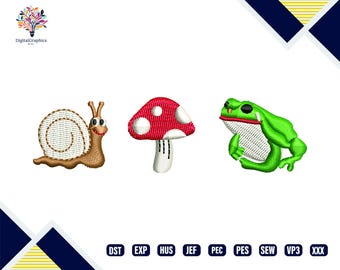 Frog with Mushroom Embroidery Design, Cute Snail Machine Embroidery, Forest Animals Digital Embroider, Nature Embroidery File, Fast Download