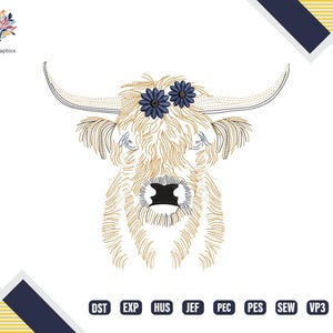 Highland Scottish Cow Embroidery Designs, Floral Cow Machine Embroidery, Cute Cow Embroidery Pattern, Farm Animals Embroidery File, Download