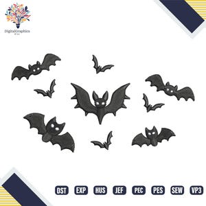 May include: A digital embroidery design featuring a collection of eight black bats in various sizes and flight positions, each with white eyes. The design includes the text DigitalGraphics by ALI and a row of file format labels at the bottom.