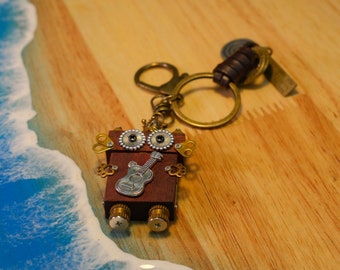 Handmade Steampunk Owl Robot Keychain with Guitar Charm  Unique Wooden Keychain for Music Lovers