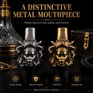 May include: Two metal mouthpieces featuring a sculpted Medusa head design with snakes, one in a silver finish and one in a gold finish. Each piece displays the text MOUNTAUS and a logo. The image includes text: A DISTINCTIVE METAL MOUTHPIECE.