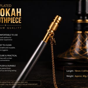 May include: A gold-plated hookah mouthpiece featuring a metallic finish, a textured grip section, and an attached gold-colored chain. The product text includes 'GOLD PLATED HOOKAH MOUTHPIECE', 'Length: 3.07in', and 'Weight: Approx. 0.09lb'.