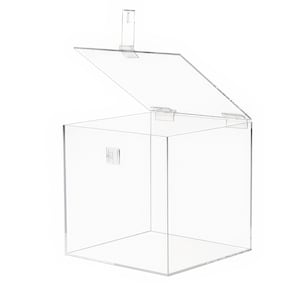 May include: A clear acrylic box with a hinged lid. The lid is open and the box is empty.