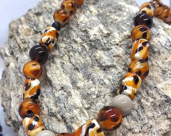 Leopard Patterned Cylinder Murano Effetre Glass Bead Necklace
