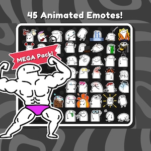 以下が含まれることがあります： 様々な表情やアクションをする白い棒人間キャラクターの45個のアニメーション絵文字のデジタルコレクション。ピンクのブリーフを履いた大きな筋肉質の棒人間が、アイコンが入った黒いグリッドの前に立っており、MEGA Pack!と書かれた赤いバナーと45 Animated Emotes!というテキストが表示されています。
