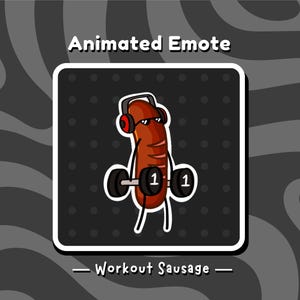 May include: Animated emote featuring a cartoon sausage wearing headphones and sunglasses, lifting weights. The weights have the number "1" on them. The text "Animated Emote" and "Workout Sausage" are also present.