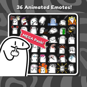Könnte beinhalten: Eine Sammlung von 36 animierten Emotes mit weißen Strichmännchen mit schwarzen Umrissen in verschiedenen ausdrucksstarken Posen. Ein rotes Banner in der Mitte trägt die Aufschrift MEGA Pack und oben steht der Text 36 Animated Emotes.