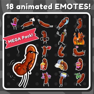 May include: A set of 18 animated sausage emotes in different poses, such as wearing sunglasses, holding a flag, and sleeping. The image also features the text "18 animated EMOTES!" and "MEGA Pack!" on a black background.