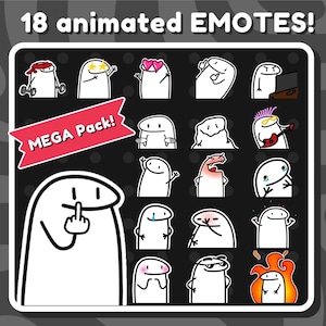 May include: A collection of 18 animated emotes featuring white stick-figure characters with black outlines on a dark background. The text 18 animated EMOTES! appears at the top, and a red banner with the text MEGA Pack! is displayed on the left side.