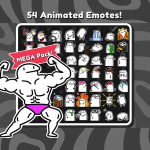 Könnte beinhalten: Eine digitale Sammlung von 54 animierten Emotes mit weißen Strichmännchen in verschiedenen Posen und Ausdrücken. Eine große, muskulöse Strichfigur in pinkfarbener Unterwäsche steht im Vordergrund. Der Text lautet 54 Animated Emotes! und MEGA Pack!.