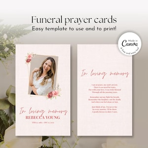 Memorial gebedskaarten sjabloon minimale begrafenis gebedskaart, dubbelzijdig, roze rode bloemen bewerkbare doodsbrief, viering van het leven, gedicht kaart