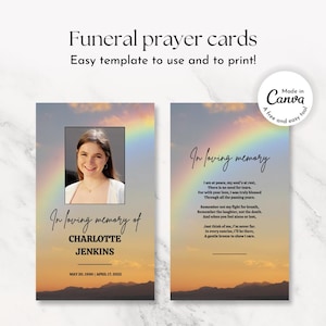 Plantilla de tarjeta de oración conmemorativa Tarjeta de oración funeraria mínima Doble cara Arcoíris Naturaleza Montañas, Obituario editable Celebración de la vida Poema
