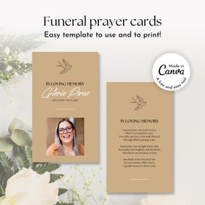 Memorial gebedskaarten sjabloon minimale begrafenis gebedskaart, dubbelzijdig, gouden vogel minimalistisch, bewerkbare doodsbrief, viering van het leven, gedicht