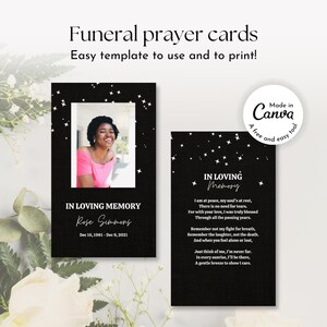 Programma funerale celeste, modello Canva modificabile, stelle del cielo in bianco e nero, servizio commemorativo, necrologio per la celebrazione della vita Poesia carte