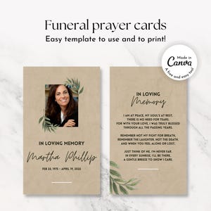 Plantilla de tarjeta de oración conmemorativa Tarjeta de oración funeraria mínima, de doble cara, hojas verdes y negras, poema de celebración de la vida con obituario editable