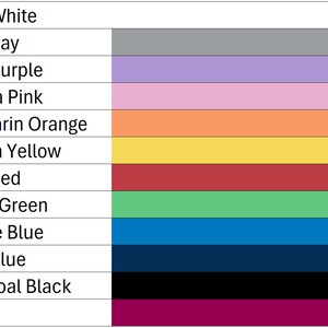 May include: A chart showing 12 different color swatches with their corresponding names: Ivory White, Ash Gray, Lilac Purple, Sakura Pink, Mandarin Orange, Lemon Yellow, Dark Red, Grass Green, Marine Blue, Dark Blue, Charcoal Black, and Plum.